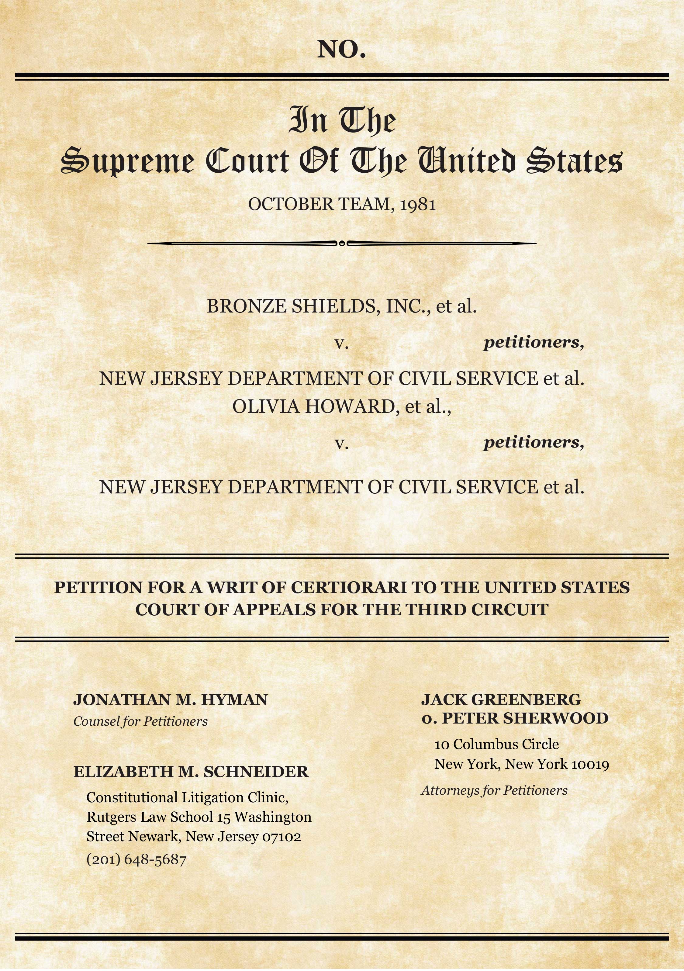Newark Bronze Shields, Inc., petitioned for a Writ of Certiorari to the United States Court of Appeals